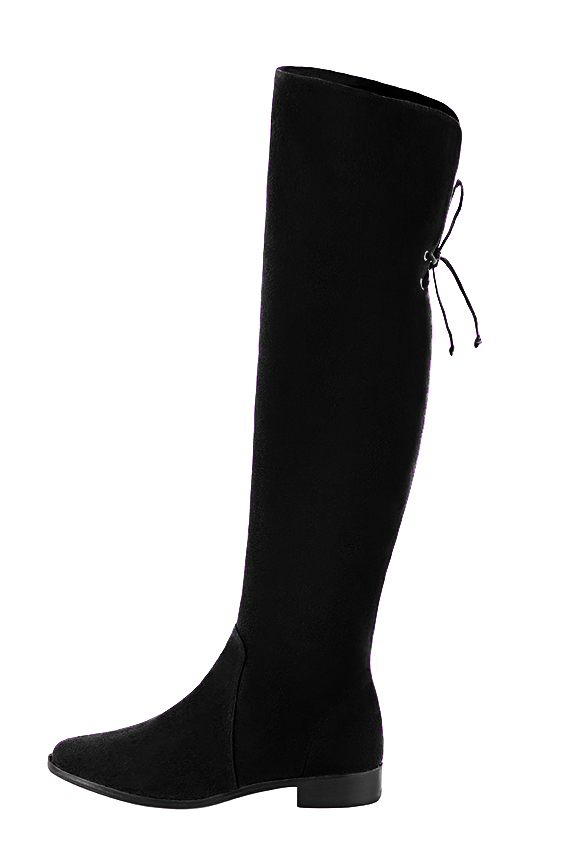 Matt black women's leather thigh-high boots. Round toe. Flat leather soles. Made to measure. Profile view - Florence KOOIJMAN